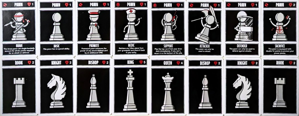 16 card from Chess-à-Tête showing a full set of white chess pieces. The pawns have different designs and powers.
