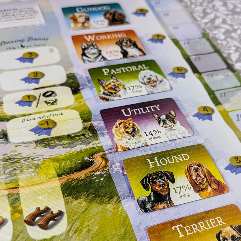 A picture showing the breed awards. There is a card for each breed type (e.g. pastoral, hounds). Next to each card is the number of points that breed is worth (for this game, anyway!)
