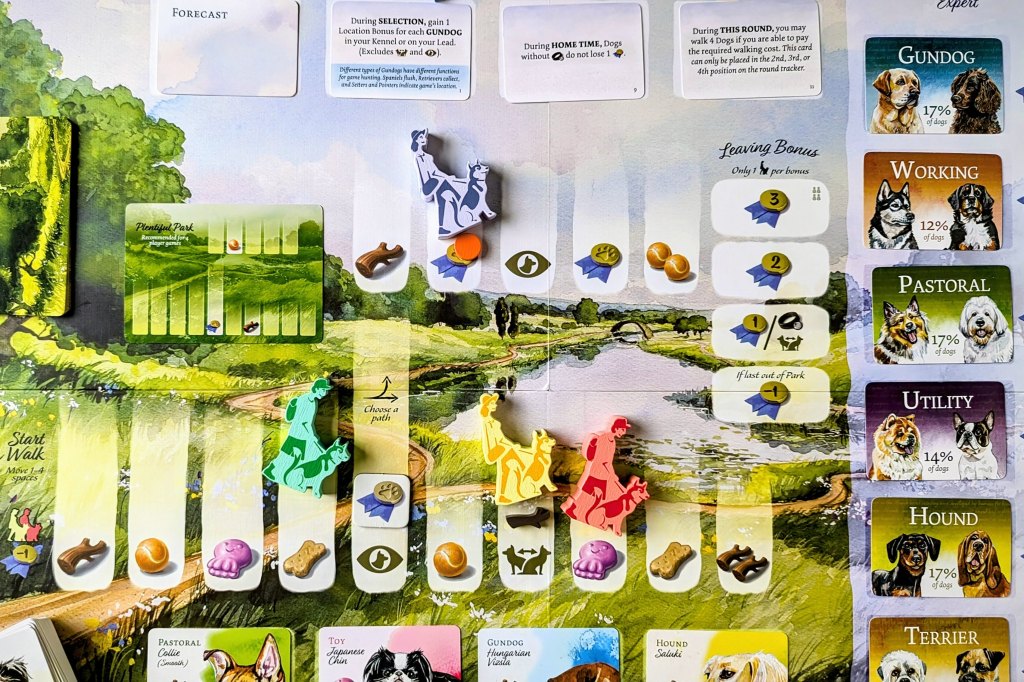 A birds eye image of the board showing more of the park spaces. You can also see the location card which shows which spaces to add extra resources to this round.