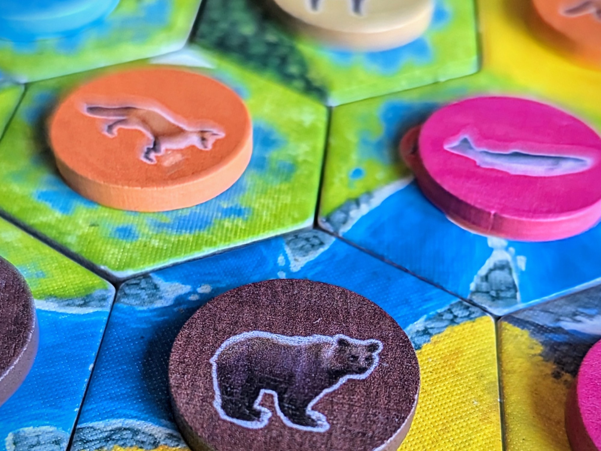 Zoomed in photo showing some Cascadia tiles with Wildlife tokens placed on top