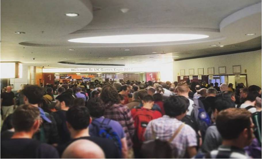 A photo showing the large crowds queuing to collect tickets for the UKGE 2017.