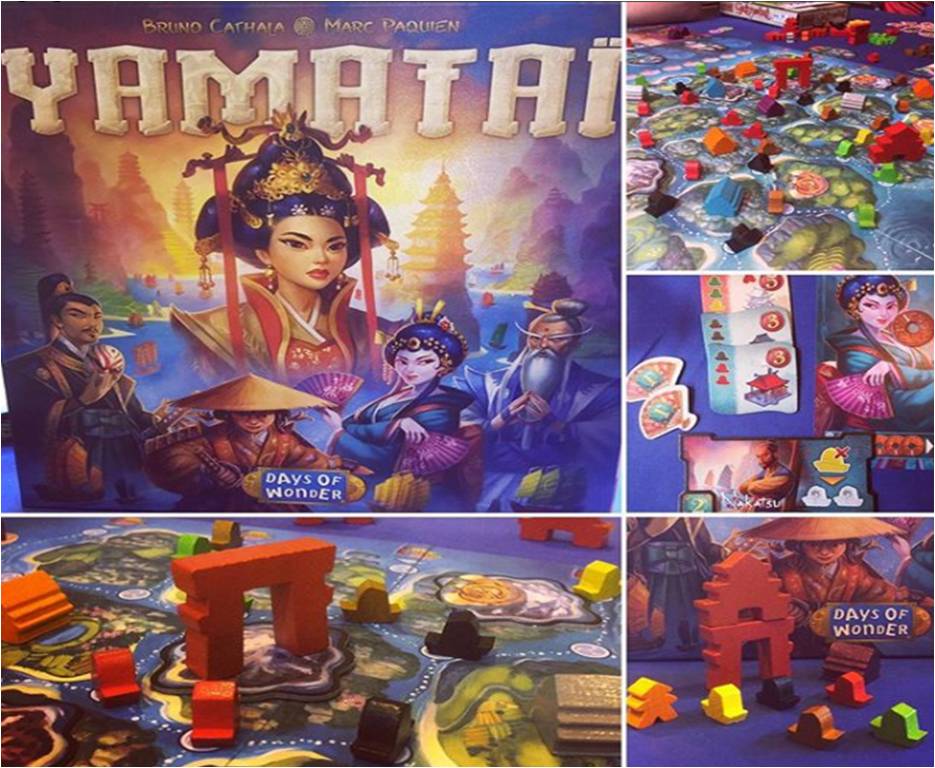 A collage of photos taken during our demo of Yamatai, published by Days of Wonder, at UKGE 2017.