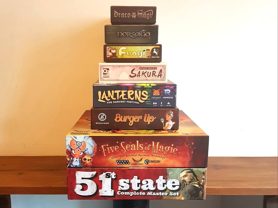 A Picture of My Bring & Buy Bargains! Draco Magi, Norsaga, Fungi, Sakura, Lanterns, Burger Up, Five Seals of Magic, 51 State.